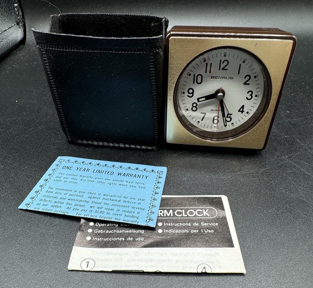 Vtg BENRUS Travel Alarm Clock With Case & Paperwork -A96